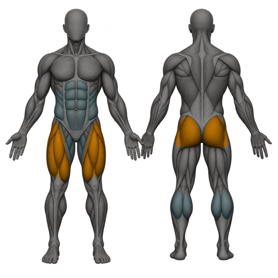 Squats, front and back muscle map. Primary: Quads, glutes. Supporting: Adductors, core, calves.